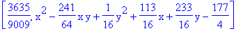 [3635/9009, x^2-241/64*x*y+1/16*y^2+113/16*x+233/16*y-177/4]